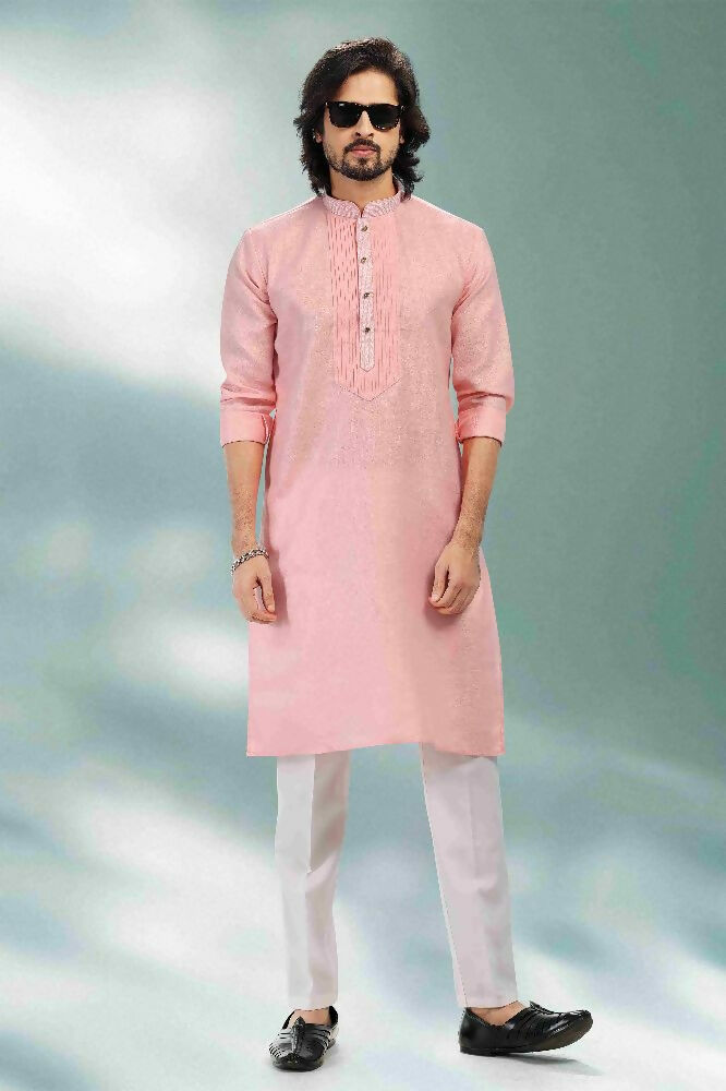 Raivat Ethnic Linen Cotton Pintux Work Kurta Pajama In Pink Colour - Dista