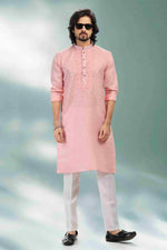Thumbnail for Raivat Ethnic Linen Cotton Pintux Work Kurta Pajama In Pink Colour - Dista