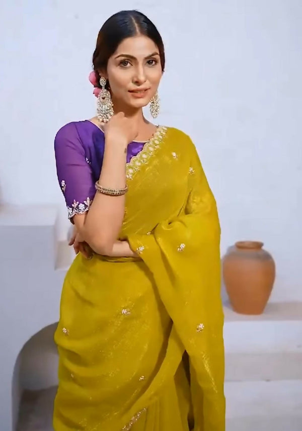 Divine Drape Jimmy Choo Handwork & Embroidery Saree With Unstitched Blouse Piece - Yellow