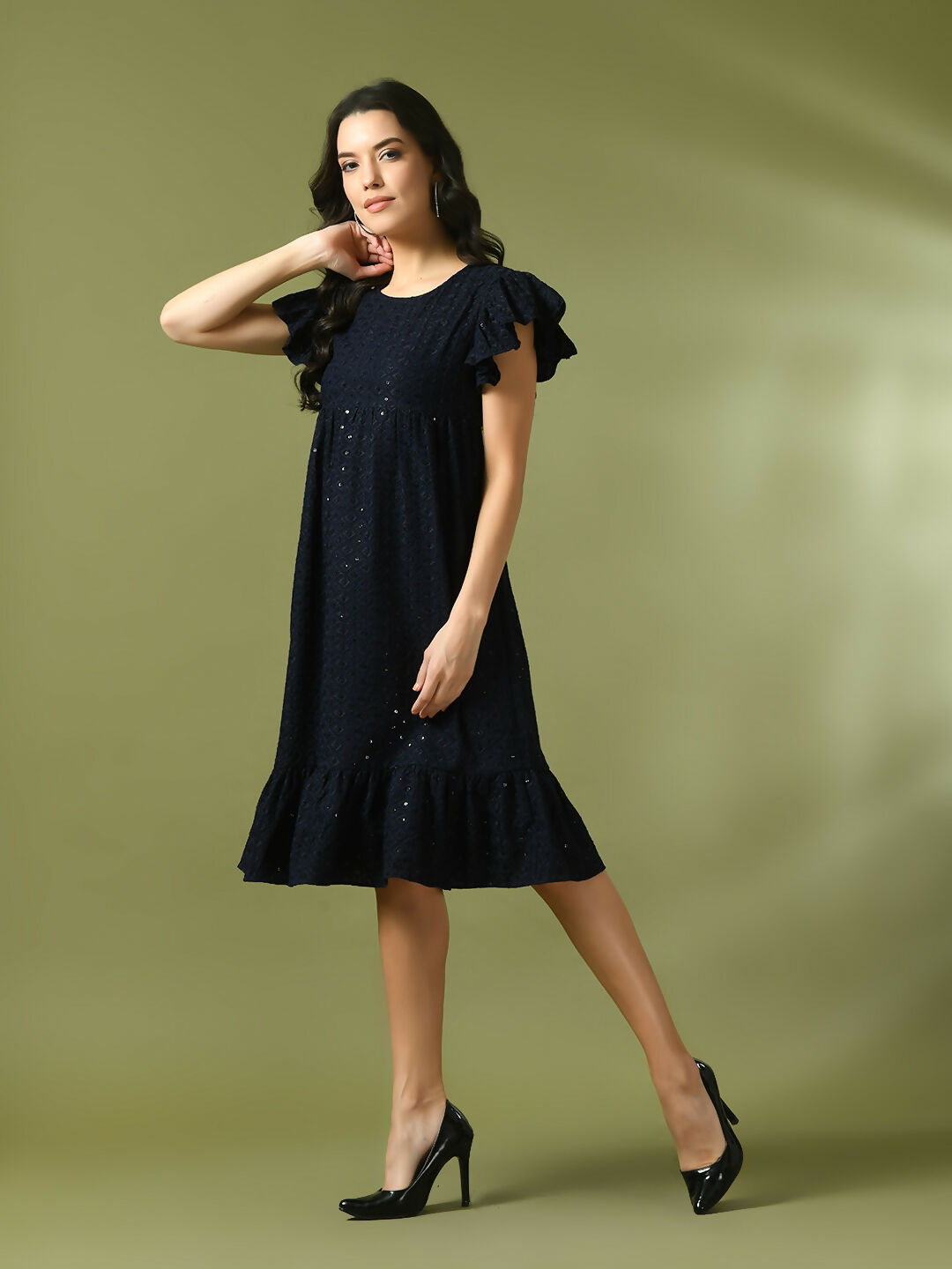 Myshka Women's Navy Blue Embroidered Cotton Round Neck A-Line Party Dress - Distacart