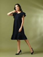 Thumbnail for Myshka Women's Navy Blue Embroidered Cotton Round Neck A-Line Party Dress - Distacart