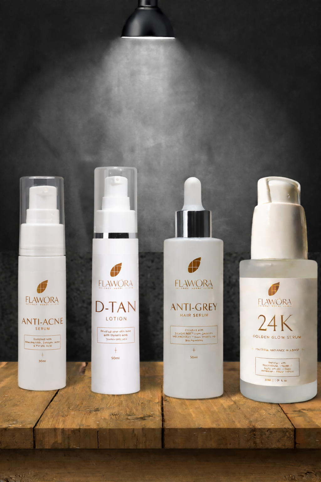 Flawora Set of D-Tan Lotion for Pigmentation, Tan Removal, Anti Acne Serum to reduce Blackheads and Open Pores, Anti-Grey Hair Serum for Reversing Grey Hair and Golden Glow Face Serum for Brightening, Anti-Aging - Dista