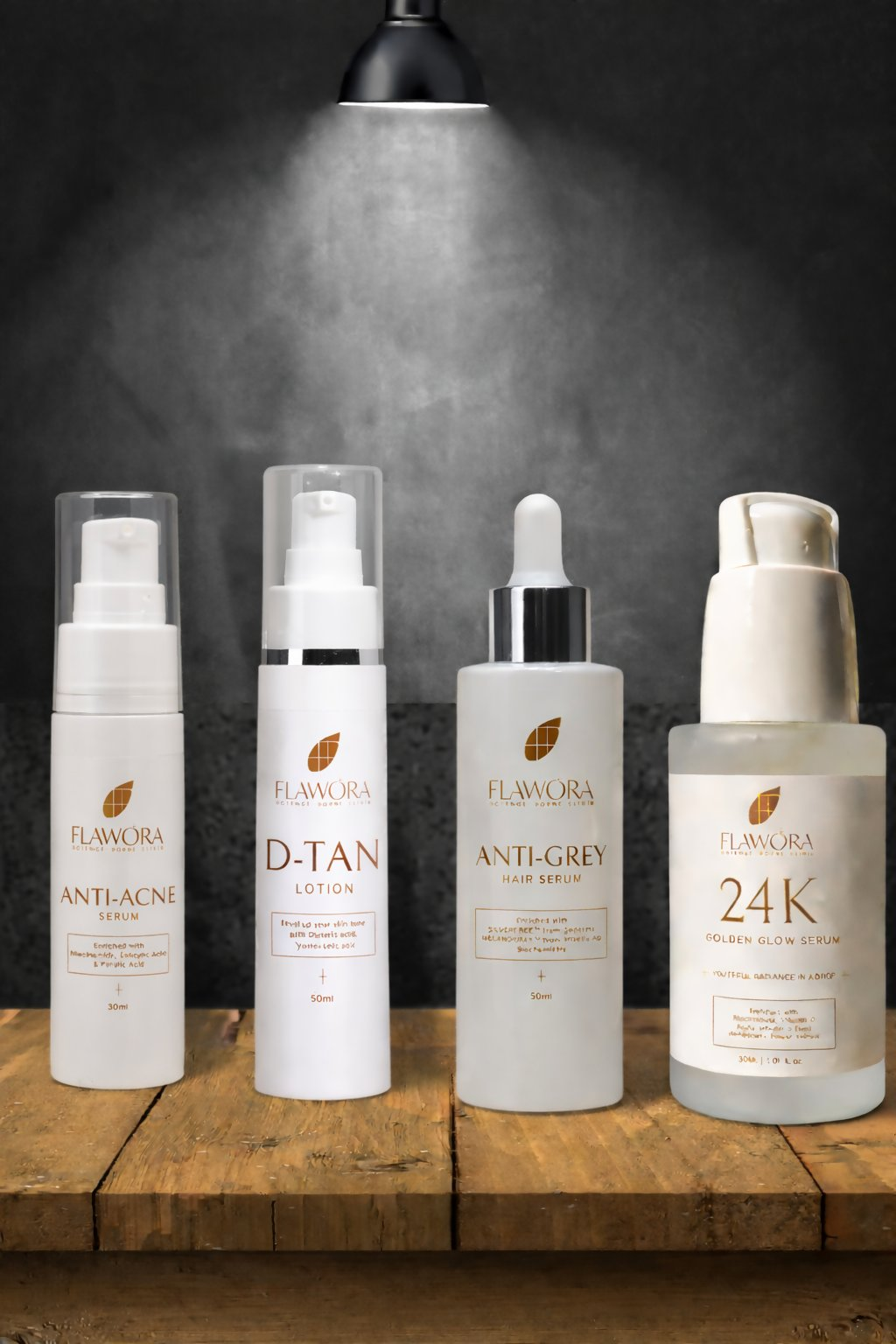 Flawora Set of D-Tan Lotion for Pigmentation, Tan Removal, Anti Acne Serum to reduce Blackheads and Open Pores, Anti-Grey Hair Serum for Reversing Grey Hair and Golden Glow Face Serum for Brightening, Anti-Aging - Dista