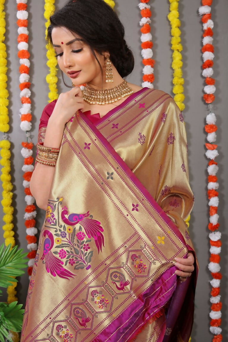 Jyoti Fashion Women's Wine Paithani Silk Zari Woven Saree with Blouse - Distacart
