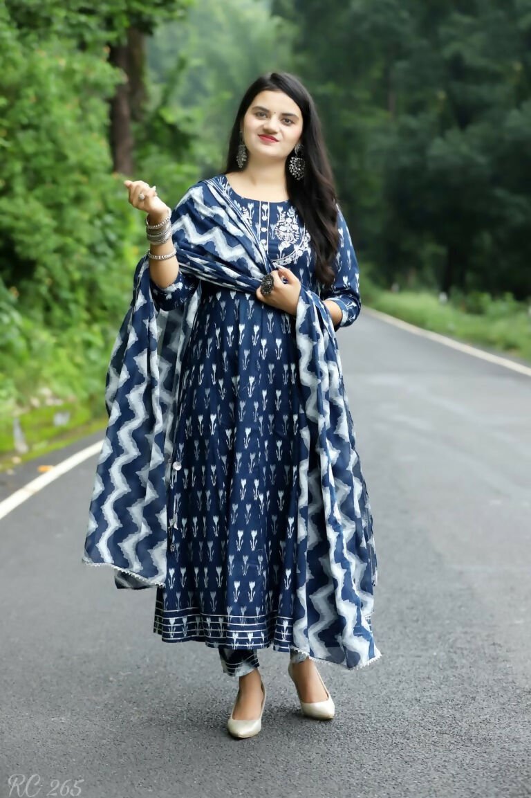 Alvano Anarkali Kurti with Pant and Dupatta set for Women and Girls Printed Cotton (Blue) - Distacart