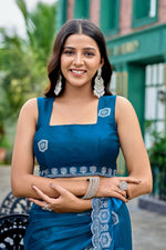 Thumbnail for Vastranavya Teal Embroidery Work Shimmer Chiffon Saree with Unstitched Blouse