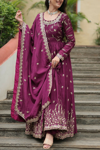 Joban Fashion Wine chinon Sequence Embroidery Work Kurta Set - Distacart