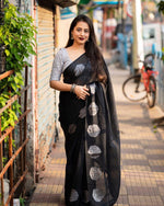 Thumbnail for Black Pure Linen Woven Design Saree with Unstitched Blouse - A2M