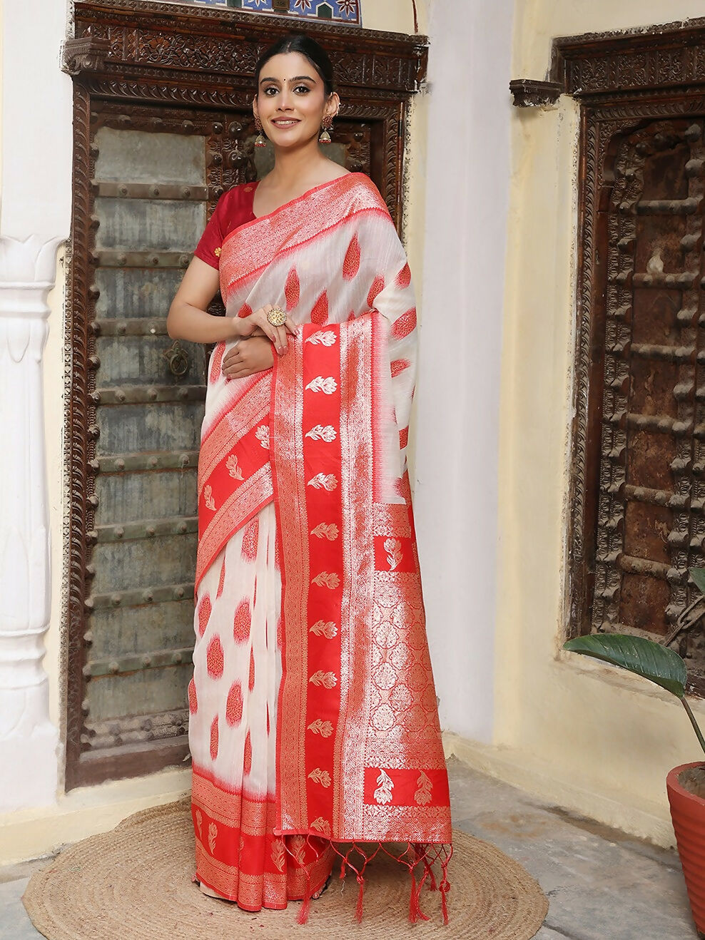 Astita White & Red Linen Cotton Saree
