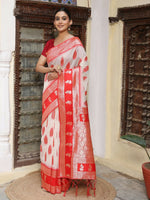 Thumbnail for Astita White & Red Linen Cotton Saree