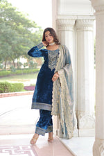 Thumbnail for Vastranavya Morpeach Velvet With Rich Sequins & Zari Embroidered Work Top-Bottom With Dupatta - Distacart
