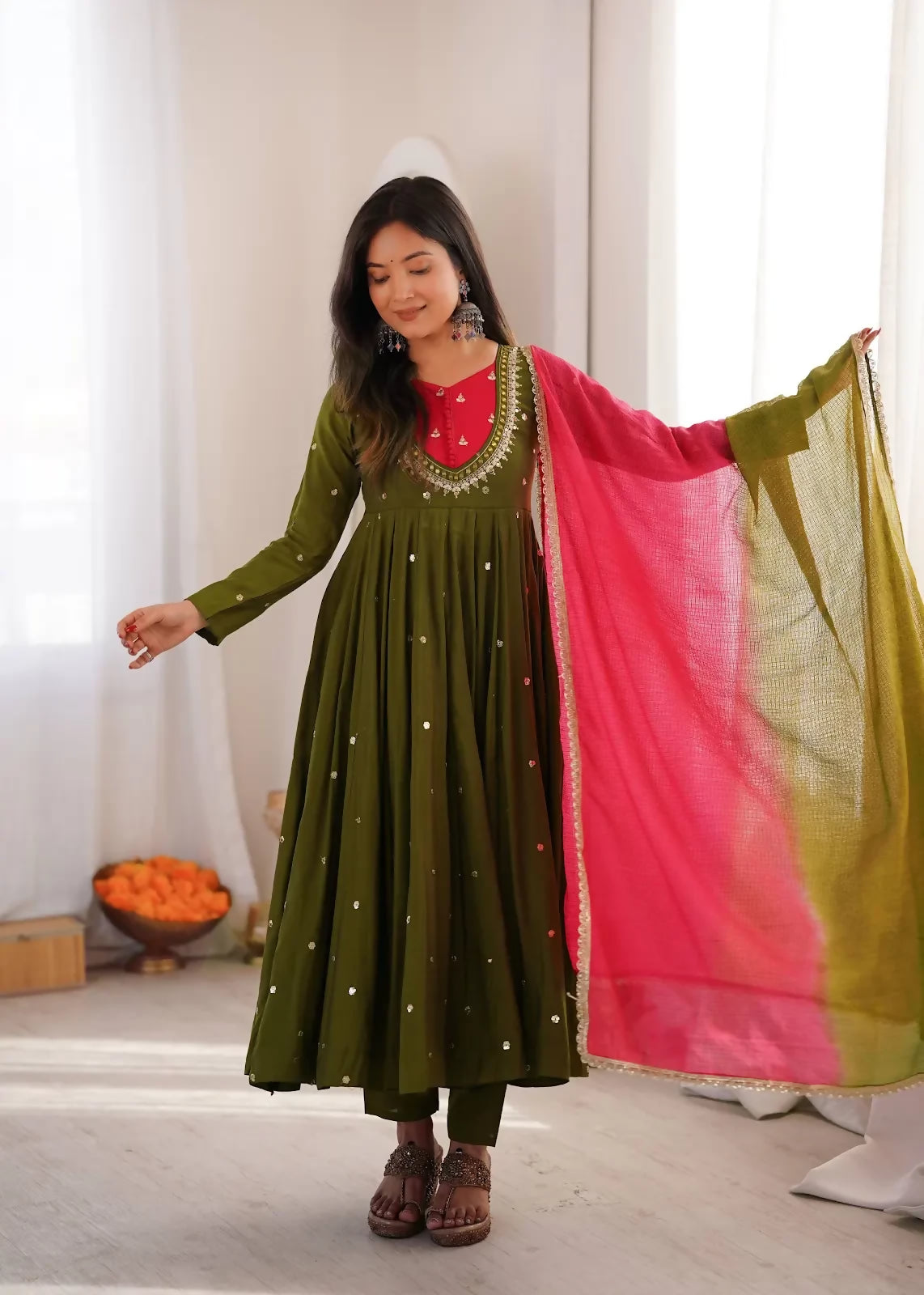 Teeya Creation Premium Green Heavy Neck Embroidery Anarkali Suit Set with Dupatta & Pant