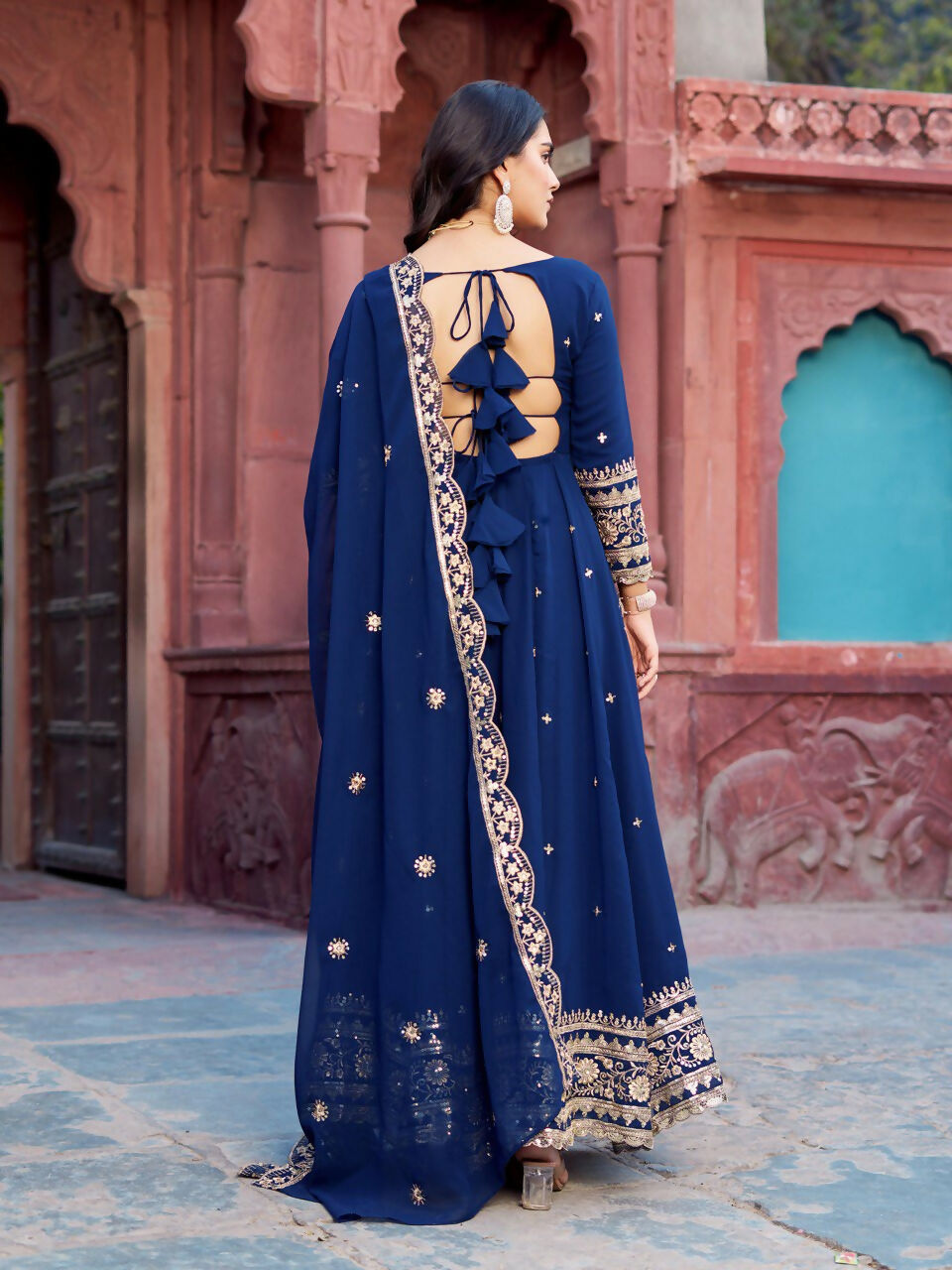 The52 Women's Beautiful Faux Georgette Fabric Embroidery Work Flared Anarkali Pant and Dupatta Set - Distacart