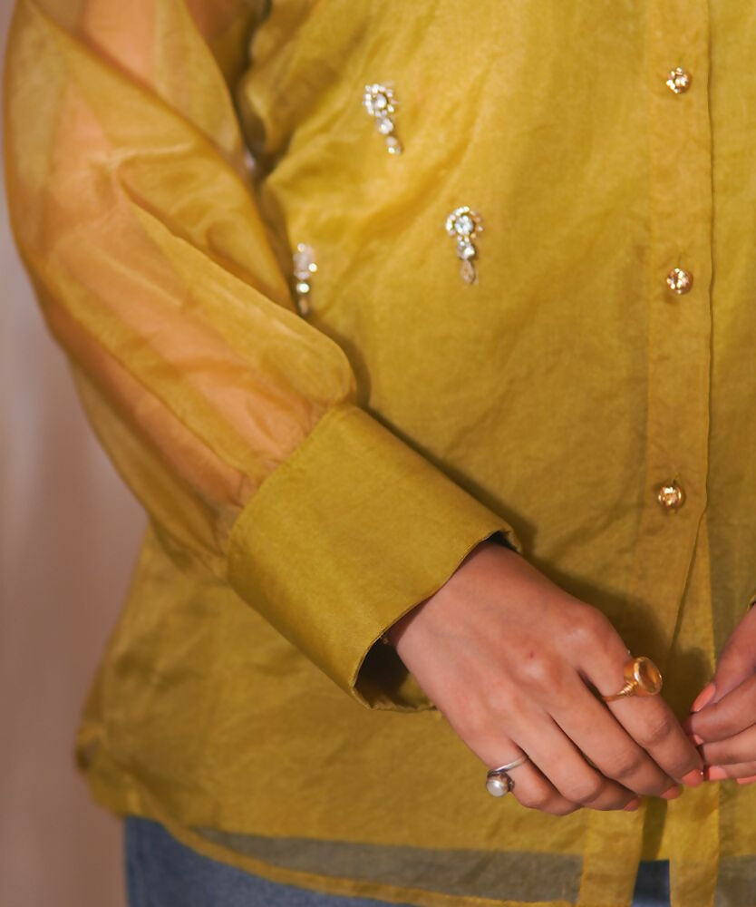 Timaraa Olive Glow Organza Hand-Embellished Shirt - Dista
