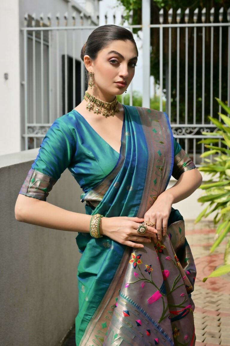 Vishnu Weaves Women's Rama Paithani Silk Zari Woven Saree with Blouse