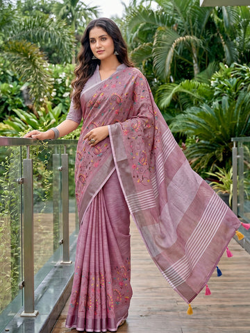 Shree Shyam Fashion Purple Linen Saree - Dista