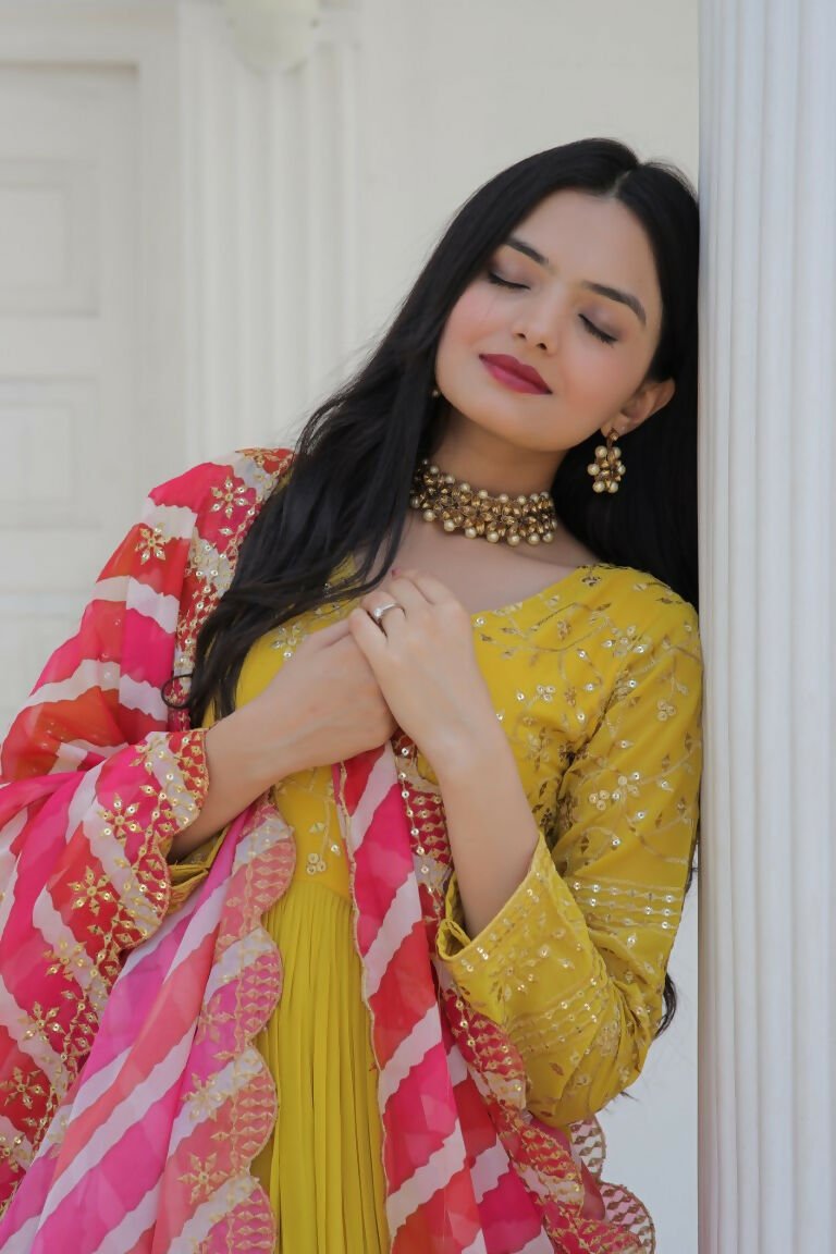 Aastha Fashion Women's Yellow Faux Georgette Sequins Embroidered Anarkali Dress with Dupatta - Distacart