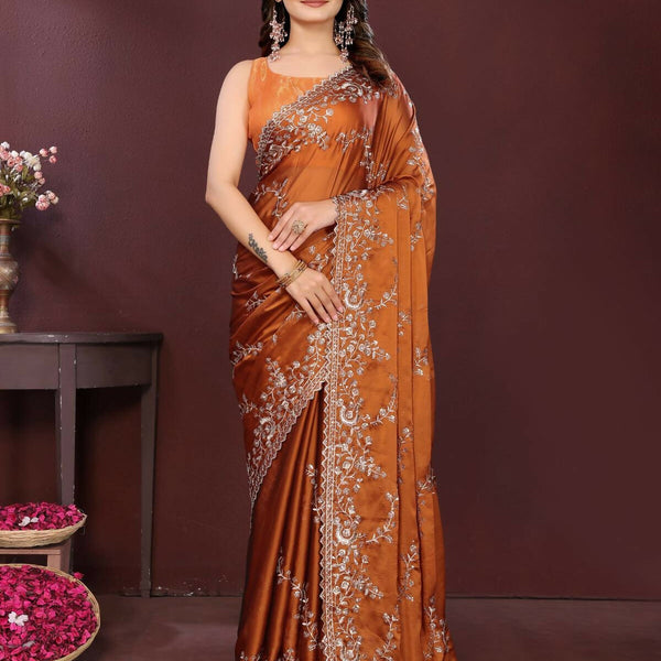Ai Fashion Copper Rangoli Silk Embroidery Party Wear Saree - Distacart