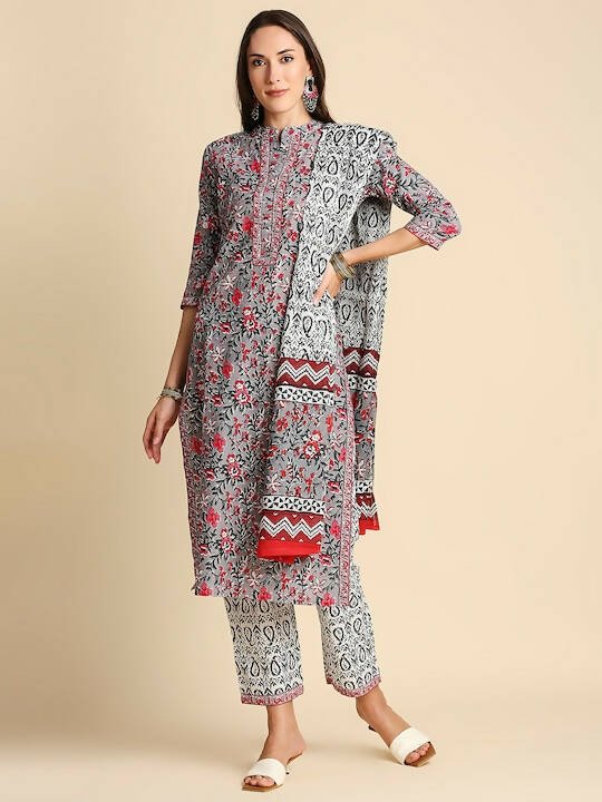 Anubhutee Women Grey & Pink Cotton Floral Kurta With Trousers & Dupatta - Distacart