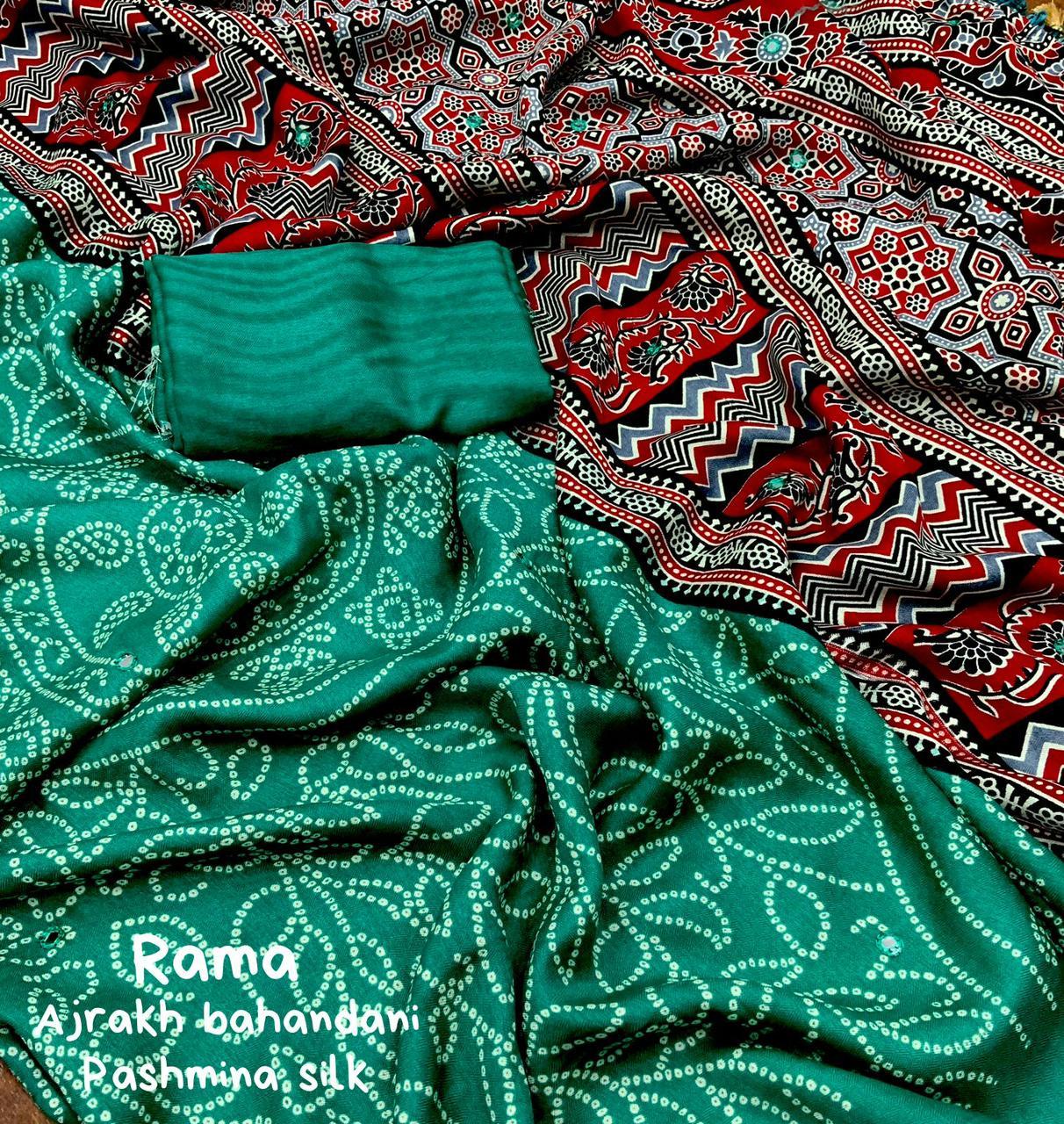 Green Silk Blend Ajrak Saree with Unstitched Blouse - Hiral Fashion - Distacart