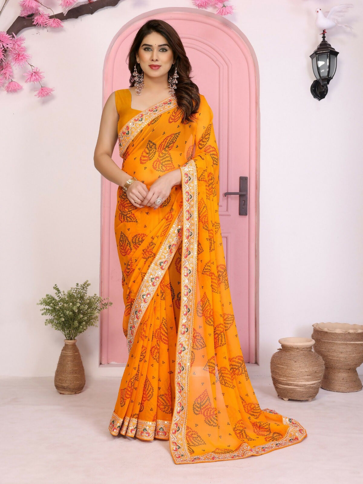 Ai Fashion Yellow Georgette Rajwadi Bandhani Print Party Wear Saree