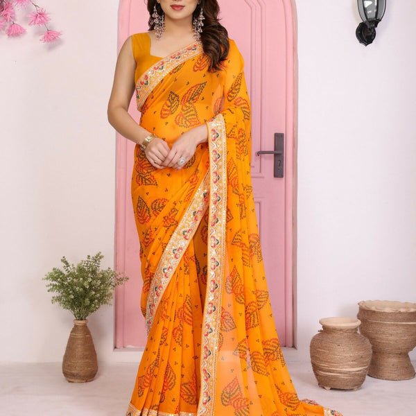 Ai Fashion Yellow Georgette Rajwadi Bandhani Print Party Wear Saree - Distacart