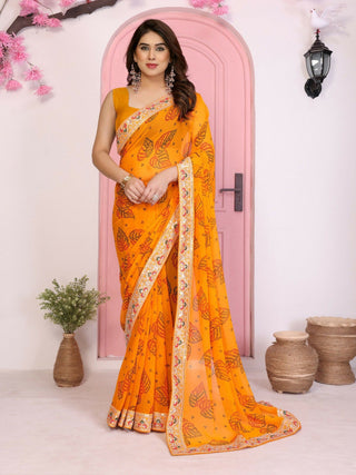 Ai Fashion Yellow Georgette Rajwadi Bandhani Print Party Wear Saree