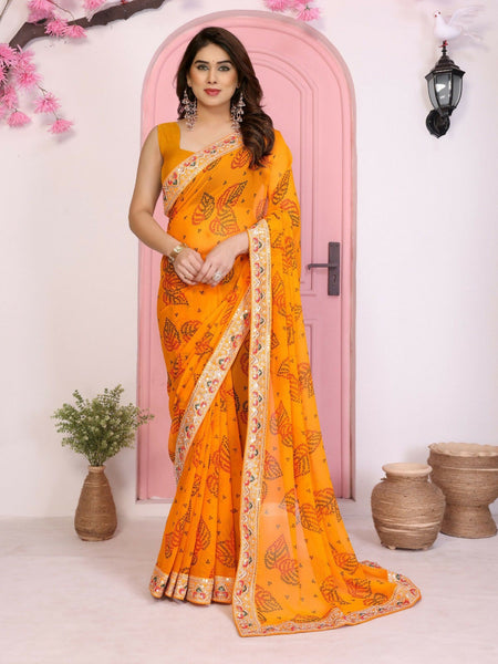 Ai Fashion Yellow Georgette Rajwadi Bandhani Print Party Wear Saree