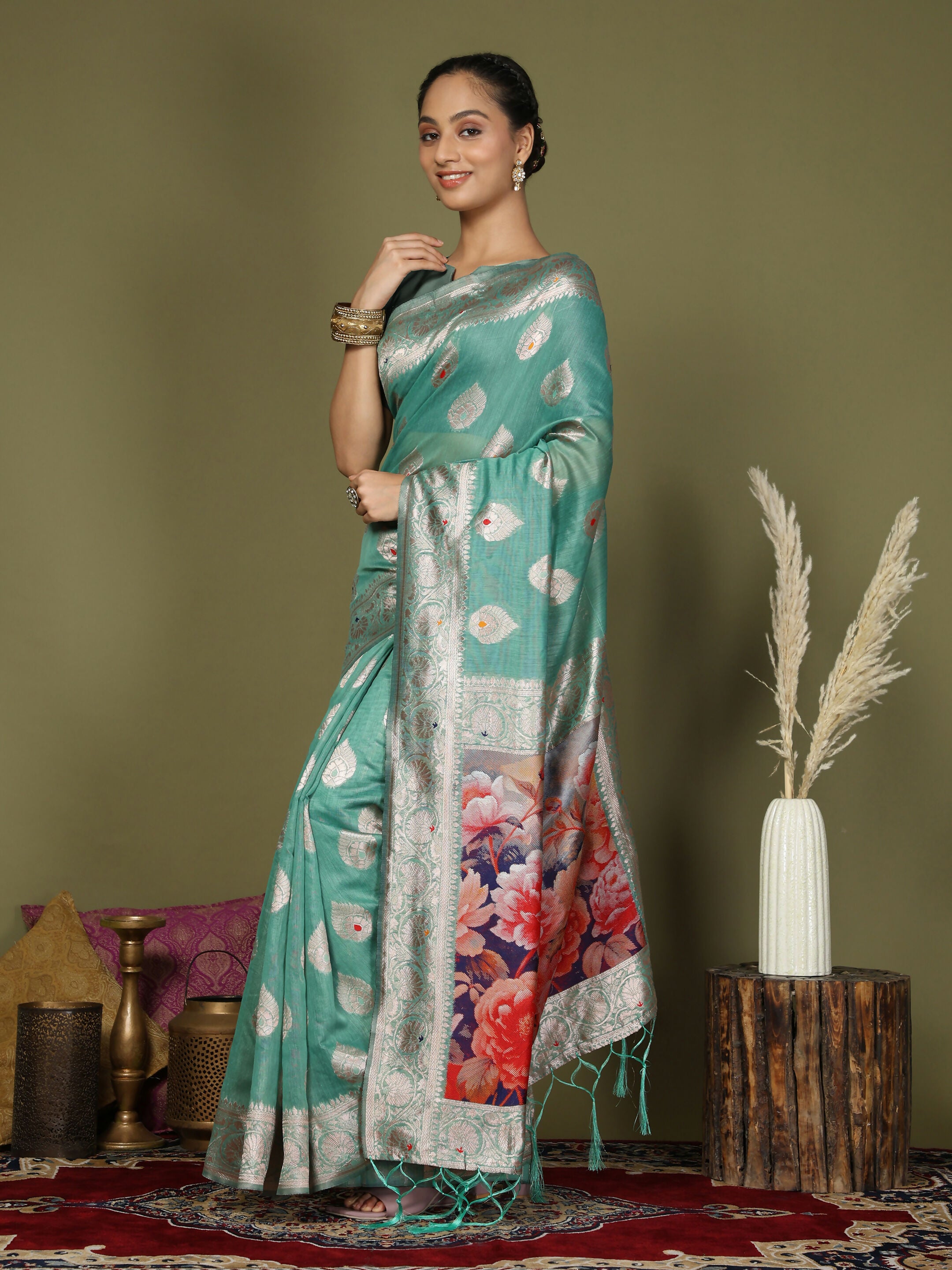 Astita Linen Cotton Rama Green Saree