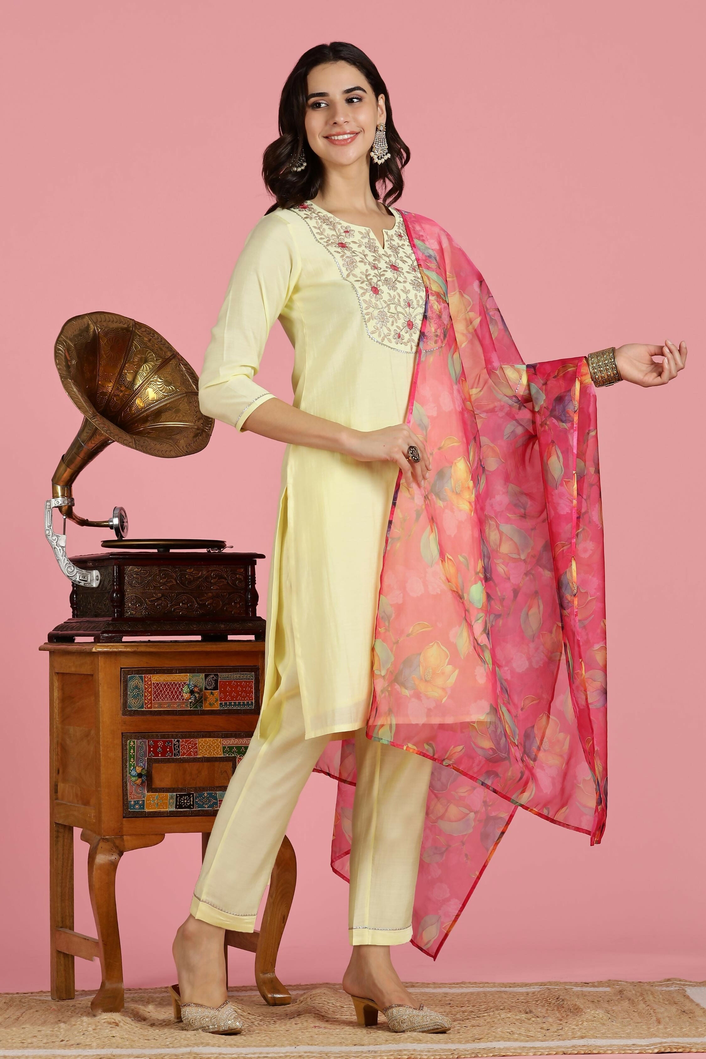 BulBul Women’s Butter Yellow Embroidered Chanderi Kurta Set with Dupatta