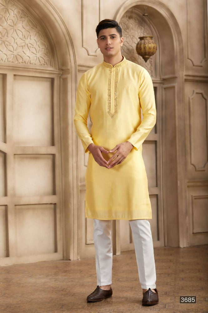 Raivat Ethnic Banarasi Art Silk Mirror Work Kurta Pajama In Yellow Colour