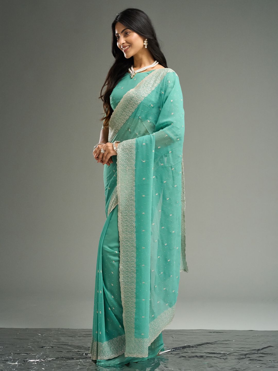 kasee Floral Embroidered Beads and Stones Pure Georgette Saree - Distacart