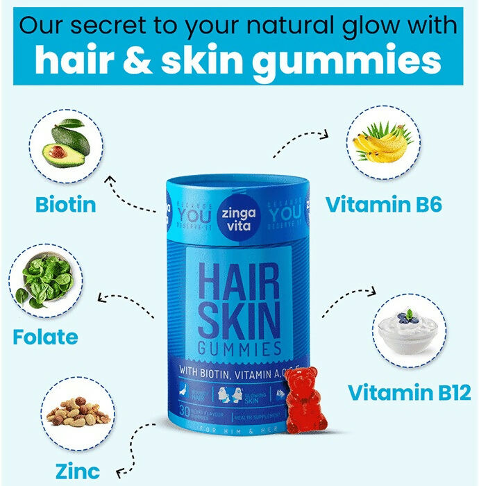 Zingavita Hair Skin Gummies with Biotin, Vitamin A C & E - Distacart