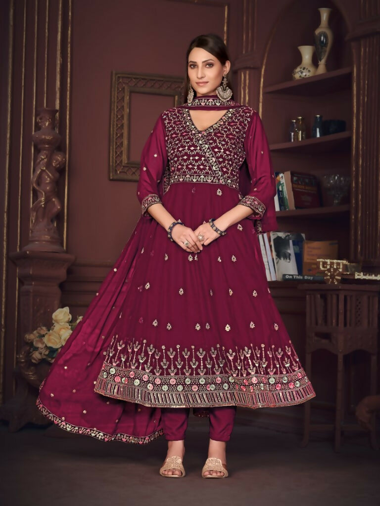 Jyoti Fashion Women's Rani Pink Georgette Embroidered Anarkali Kurta Pant Set With Dupatta - Distacart