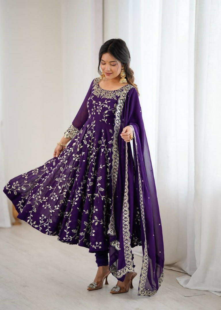 Teeya Creation Purple Color Heavy Faux Georgette Embroidery Work Gown