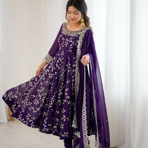 Teeya Creation Purple Color Heavy Faux Georgette Embroidery Work Gown - Distacart