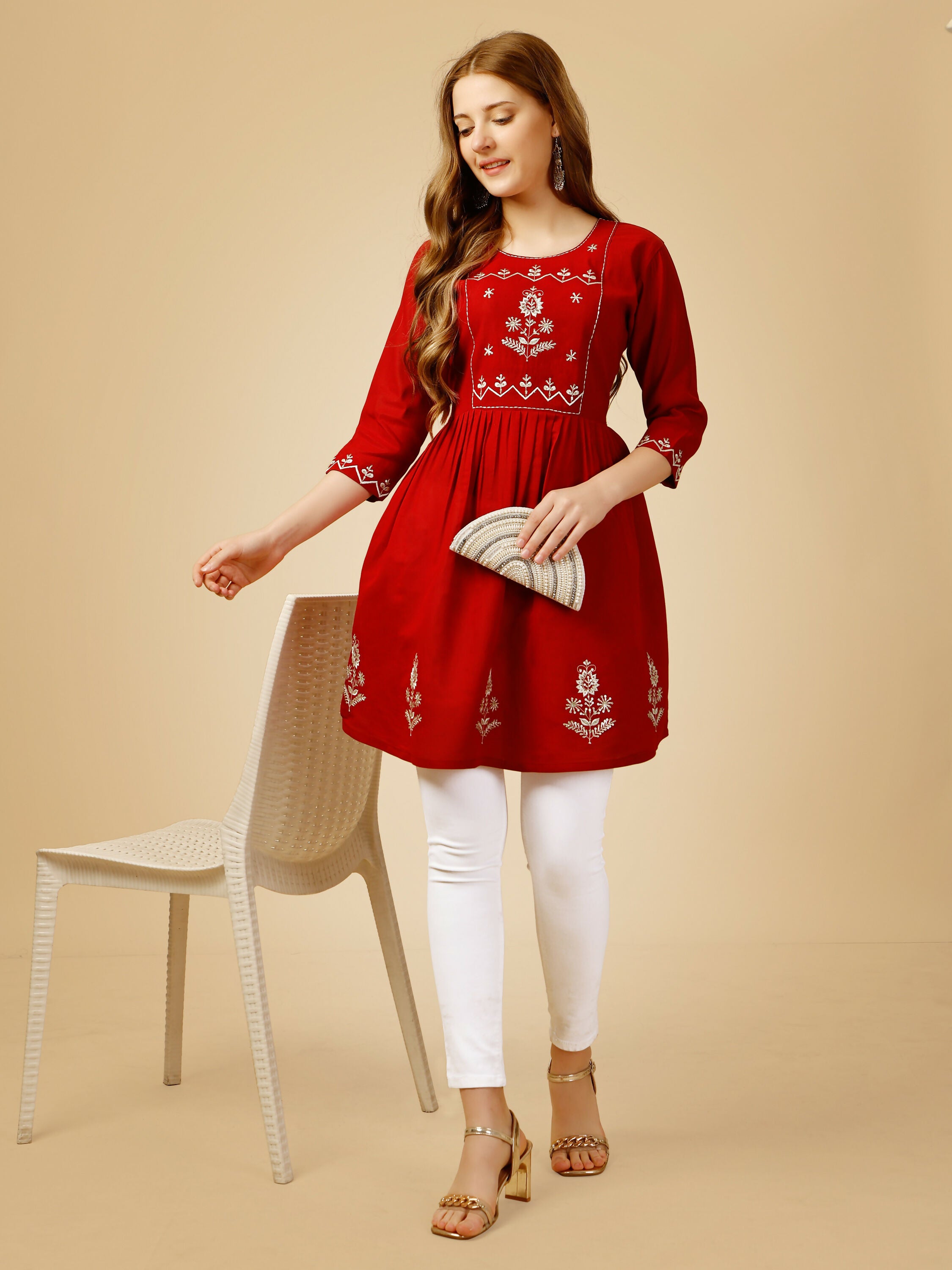 Jyoti Fashion Women's Red Viscose Rayon Embroidered Casual Top - Distacart
