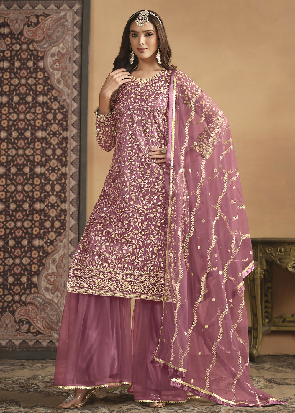 Net Onion Pink Embroidered Festive Gharara Style Suit - Emponline - Distacart