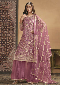 Thumbnail for Net Onion Pink Embroidered Festive Gharara Style Suit - Emponline - Distacart