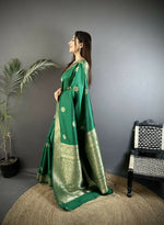 Thumbnail for Joban Fashion Green Floral Jacquard Woven Design Cotton Silk Banarasi Silk Saree - Distacart