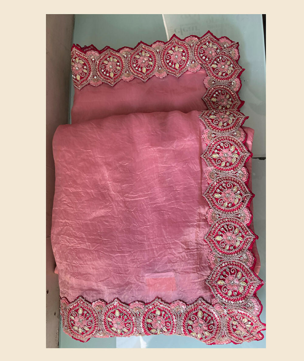 Pink Banarasi Crush Silk Thread, Sequence, Cord and jari Embroidered with Stone Work Saree - Mohmanthan Dakshika - Distacart