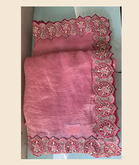 Thumbnail for Pink Banarasi Crush Silk Thread, Sequence, Cord and jari Embroidered with Stone Work Saree - Mohmanthan Dakshika - Distacart
