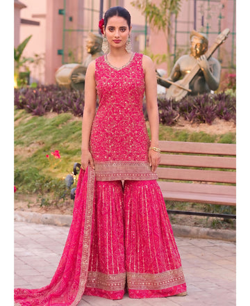 KC Pink Bandhani Printed Heavy Emrboidery Worked Sharara Suit Ethnic Wear - Dista