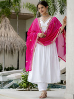 Thumbnail for The52 White Women's Gorgeous Embroidered Chanderi Fabric Straight Kurta, Pant and Dupatta Set - Distacart