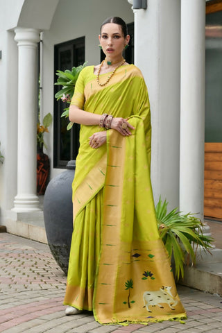 Vishnu Weaves Women's Mahendi Paithani Silk Zari Woven Saree with Blouse