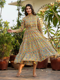Thumbnail for Kaajh Women's Yellow Floral Handblock Print Cotton Dress - Distacart
