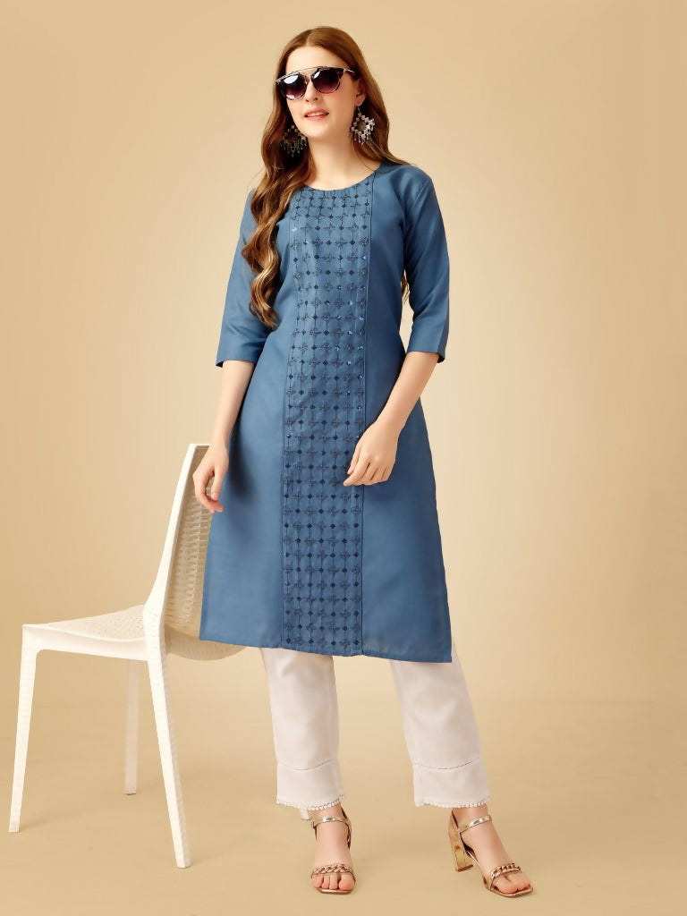 Jyoti Fashion Women's Denim Blue Cotton Blend Embroidered Kurta Pant Set - Distacart