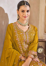 Thumbnail for Anaita Mustard Vichitra Silk Readymade Suit with Embroidery & Lace Work - Distacart