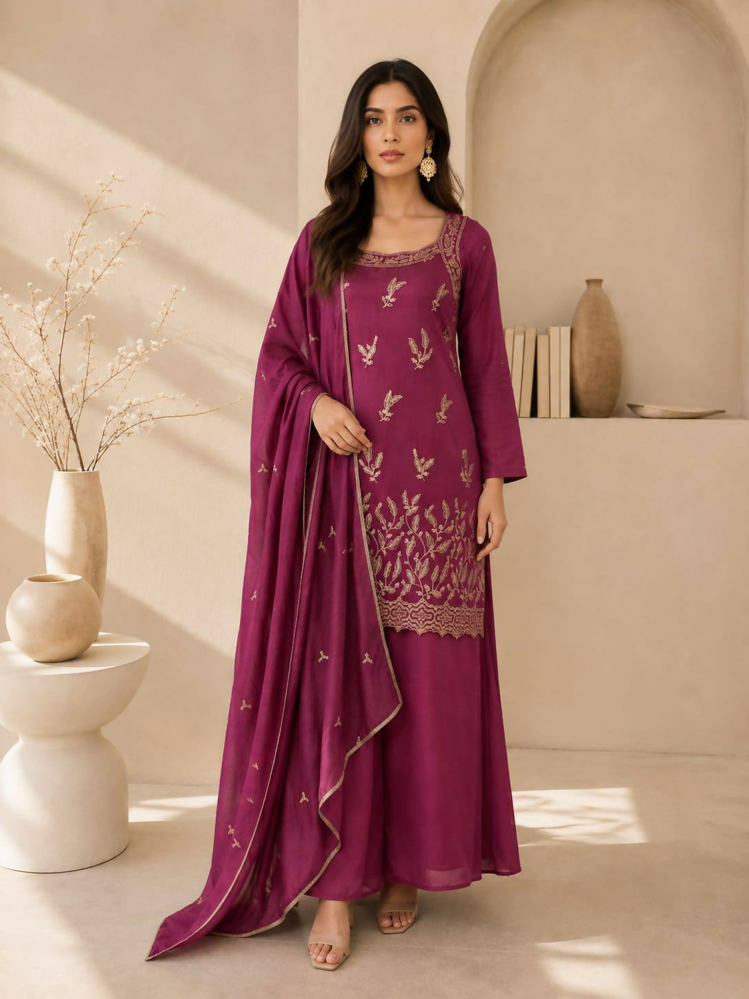 Teeya Creation Wine Embroidered Georgette Straight Kurta With Palazzo And Dupatta Set - Dista