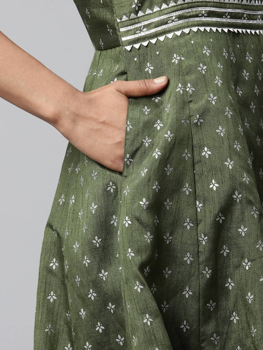 Ahalyaa Women Olive Poly Silk Silver Foil Printed Dress - Distacart
